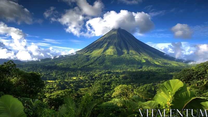 Lush volcanic mountain rising above dense green rainforest.