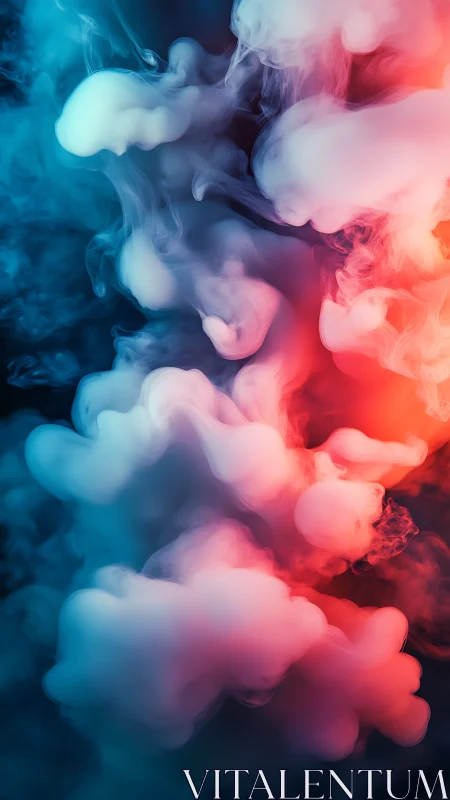 Colorful smoke plumes merge in blue and red gradient haze