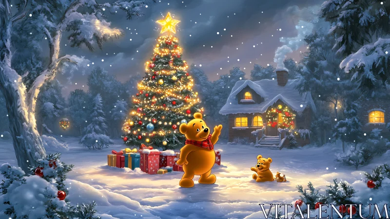 Anthropomorphic bears in illuminated snowy Christmas cottage yard