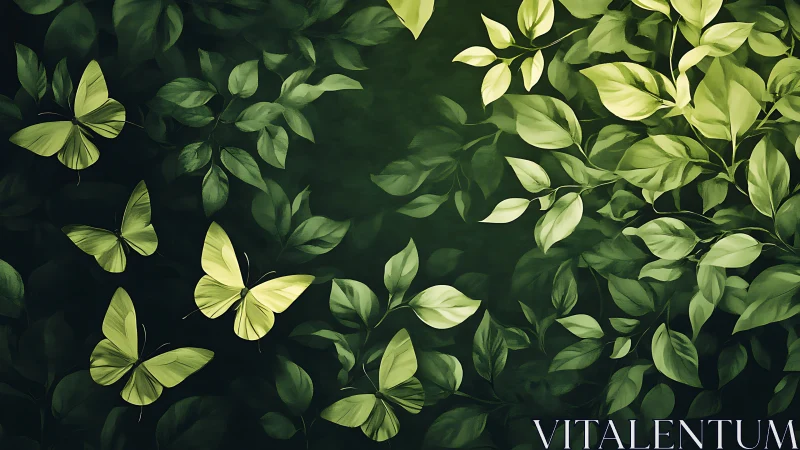 Luminous green butterflies in layered foliage on dark ground