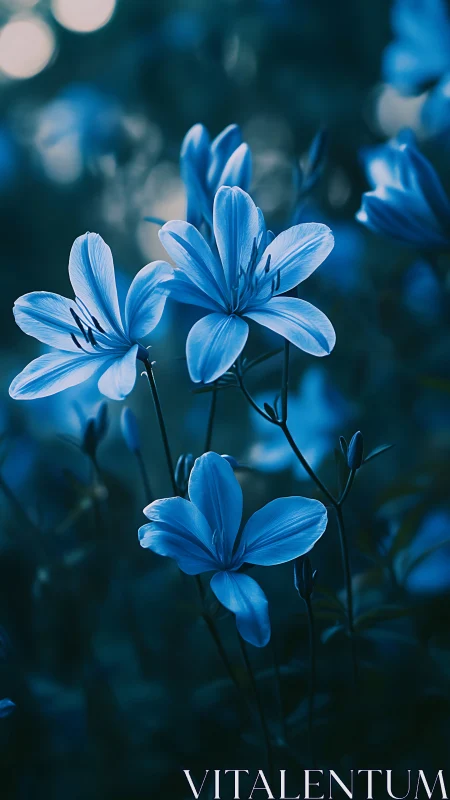 Blue petaled flowers with narrow sepals captured with shallow depth of field bokeh