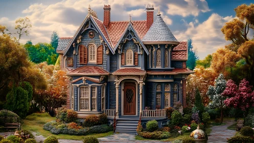 Victorian blue manor with ornate trim in lush spring garden.