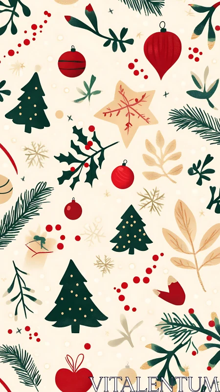 Seasonal botanical and ornament holiday pattern design.