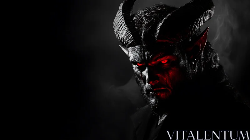 Shadowed horned figure with ember eyes in smoky darkness.