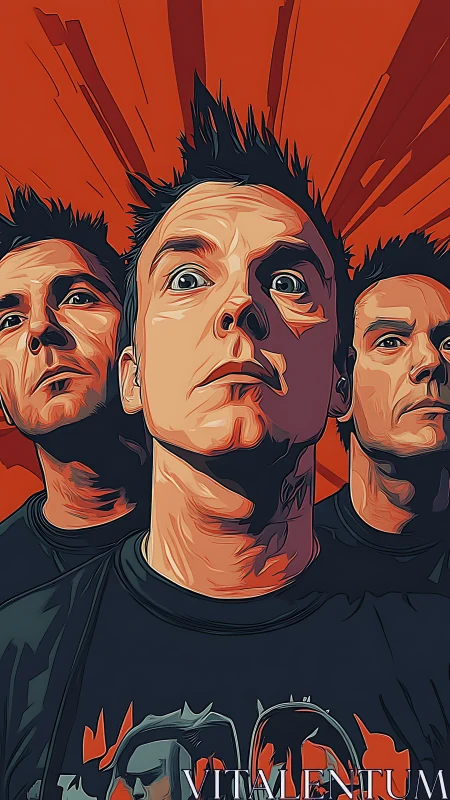 Triptych portrait of stylized male faces on red field.