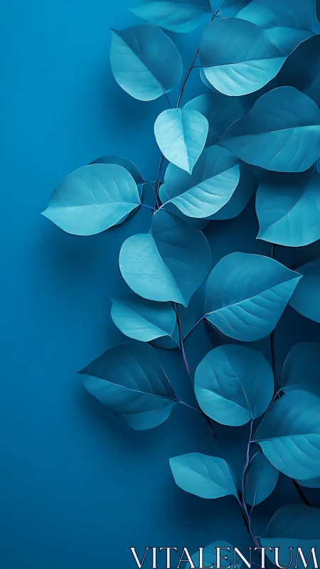 Chromatic cyan foliage branch on monochrome azure field.