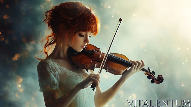 Softly glowing violin daydream with a fiery haired muse.