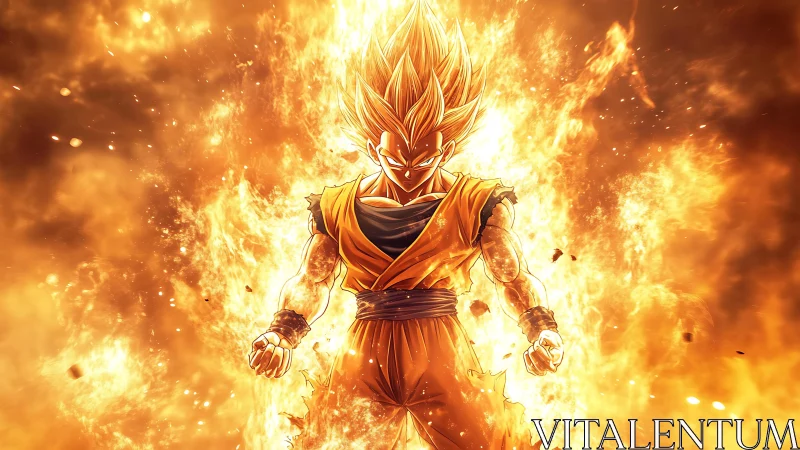 Blazing anime warrior stands fierce in roaring golden fire