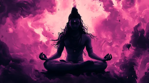 Silhouetted seated figure meditates before violet cloud