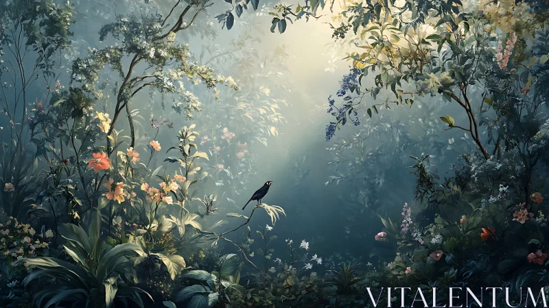 Sunlit forest glade with lone bird amid lush blossoms.