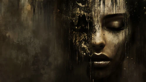 Shattered gilded visage in shadowed abstract decay.