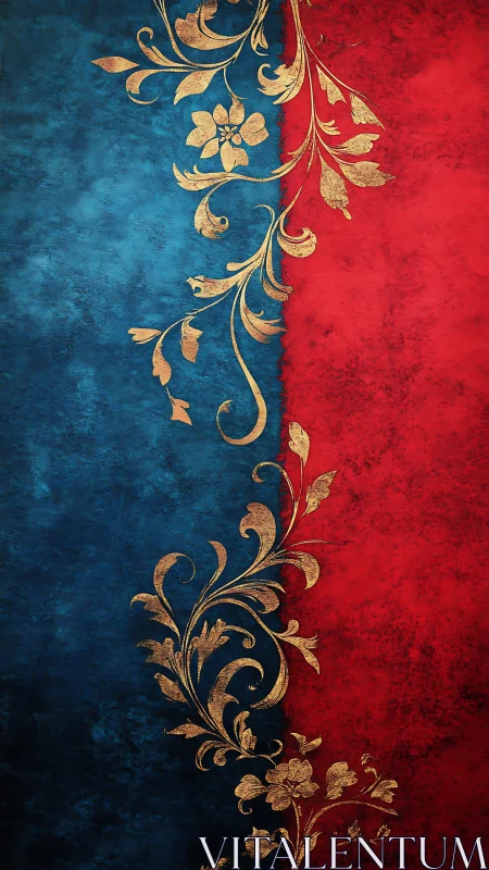 Gold floral filigree divides textured red and blue halves.