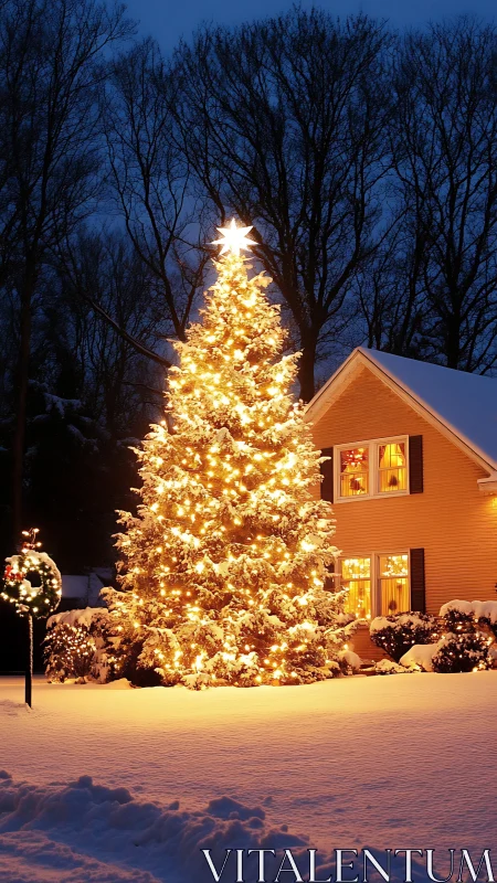 Starlit yard spruce blazing gold against deep winter dusk.