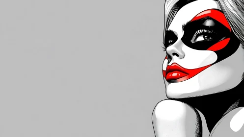 Bold graphic portrait of woman with red and black makeup.