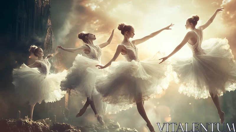 Ethereal ballerinas perform en pointe amid atmospheric light
