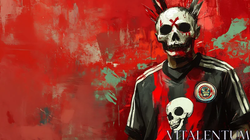 Grunge skull-masked soccer fan in red abstract graffiti field