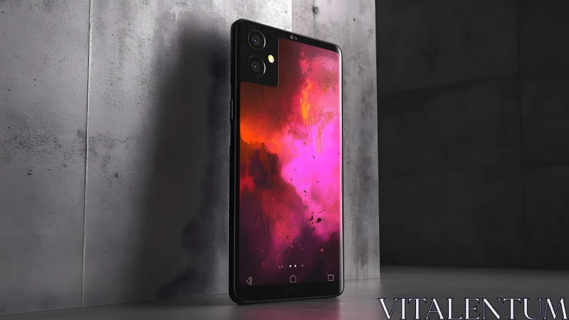 Sleek modern smartphone with vibrant abstract display, minimalistic style.