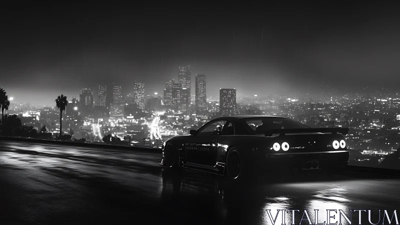 Night skyline glows as sleek sports car surveys rainy cityscape.