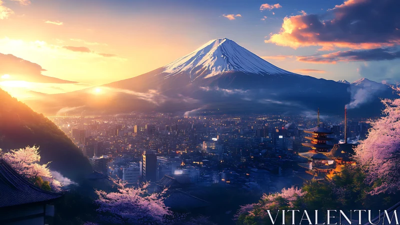 Sunrise over sakura cities beneath a snow crowned Fuji.