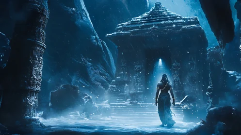 Lone robed figure approaches a frozen luminous temple gateway