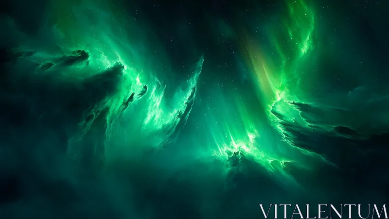 Green nebula clouds form luminous structures in deep space
