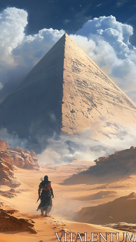 Lone desert wanderer approaches colossal pyramid under clouds