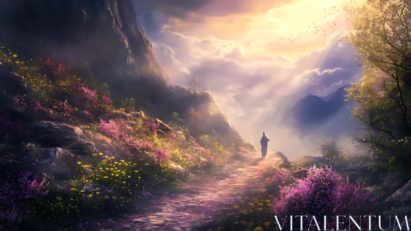 Solitary figure on floral mountain path under diffuse light.