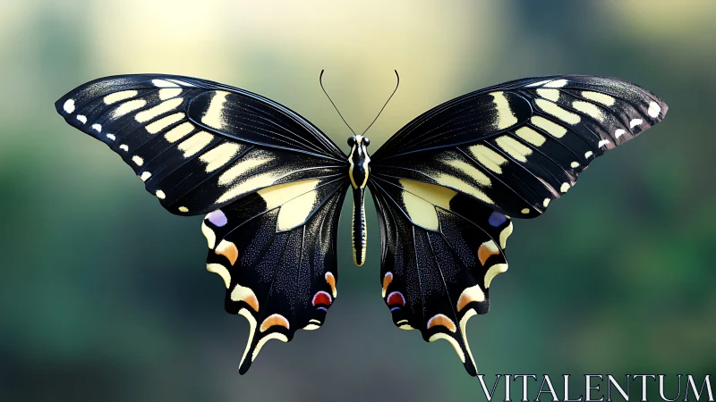 Graceful black swallowtail butterfly spreads glowing wings