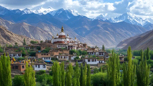 Sunlit mountain monastery nestles gently above a green valley