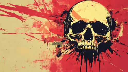 Skull emerges through chaotic red paint splatter field.