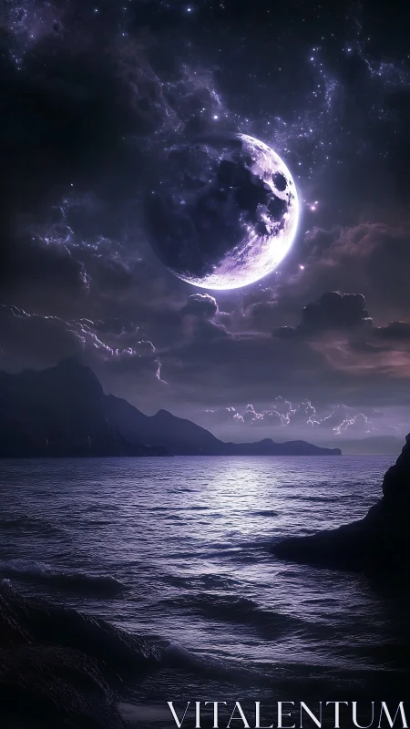 Large illuminated moon over coastal sea and distant cliffs