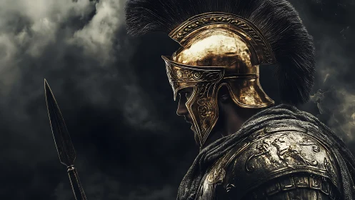 Golden armored warrior gazes ahead beneath stormy skies