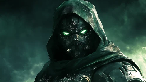 Hooded armored figure with glowing green eyes in misty field.
