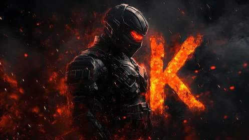 Cyberpunk exosuit warrior with molten K glyph and ember field.