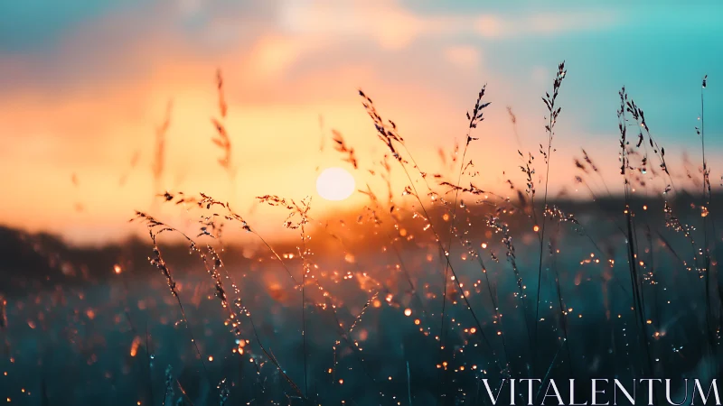 Sunlit dew and dreamy grasses glowing in soft twilight.