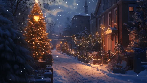 Snowy residential street with warm holiday lights at night.