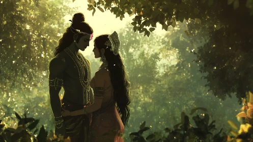 Divine Romance: Sacred Figures in Golden Forest.