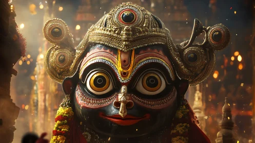 Radiant festival deity with glowing eyes and golden finery.