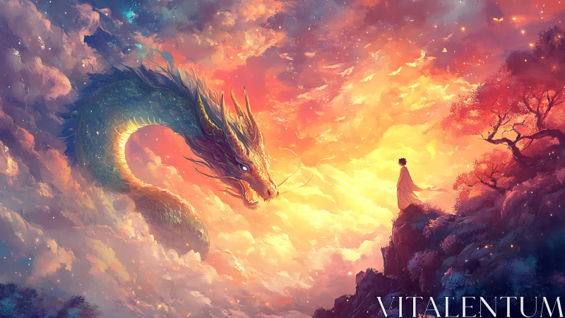 Celestial dragon meets lone figure in blazing sunset sky.
