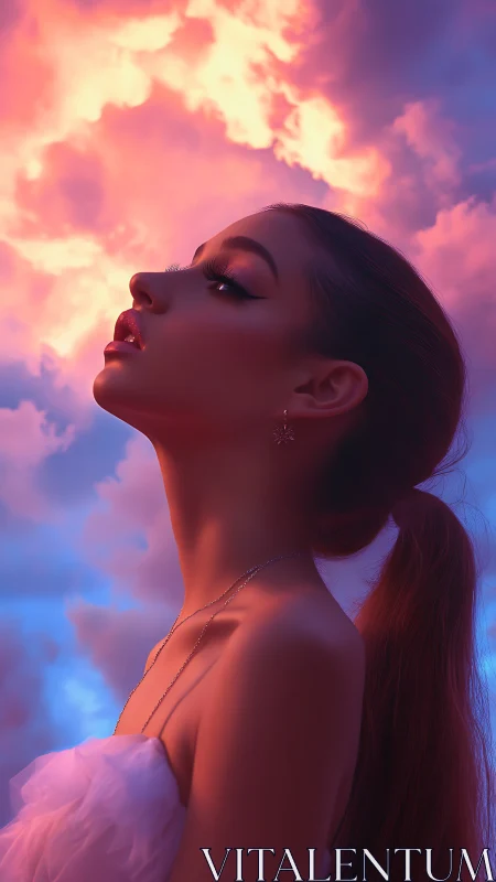 Profile portrait under volumetric sunset sky illumination.