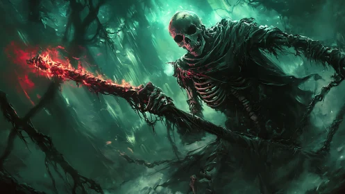 Grim reaper wreathed in emerald fog brandishes blazing scythe.