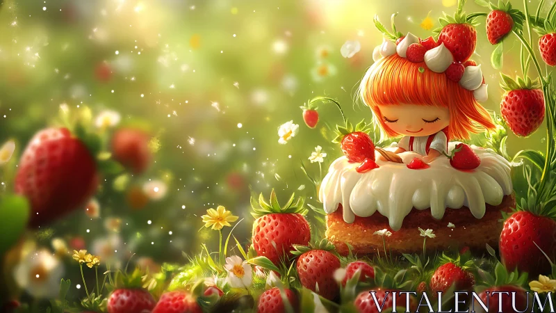 Strawberry fairy decorating cream cake in glowing meadow.