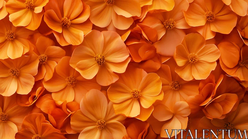 Dense Orange Floral Pattern with Overlapping Petals and Stalens