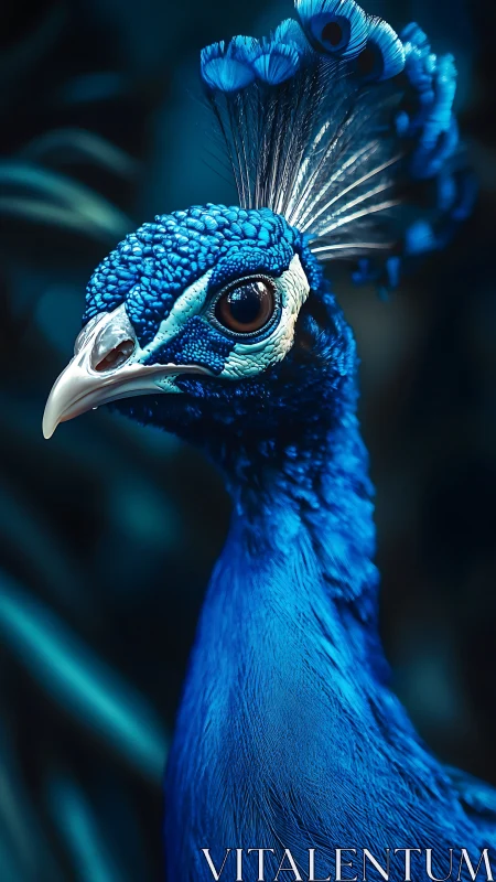Blue peacock portrait under moody teal cinematic light.