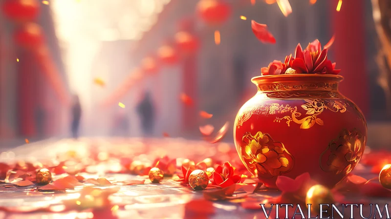 Red ornamental jar with gold details on petal-strewn street.