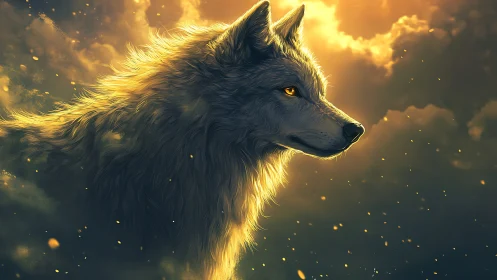 Digital wolf profile is rendered against illuminated cloud backdrop