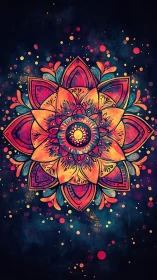 Radiant mandala bloom in neon cosmic splatter field.