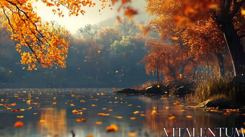 Autumn foliage over calm reflective lake with drifting leaves.
