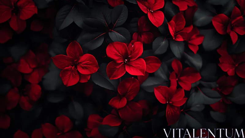 Red Flowers Against Dark Foliage. Nature Contrast.