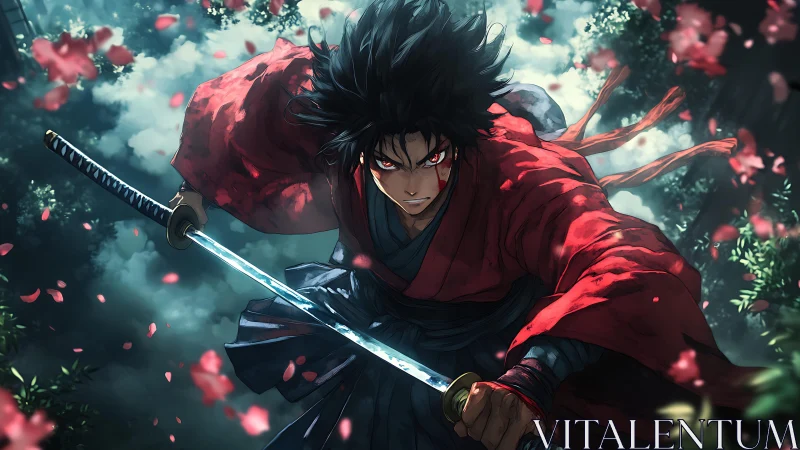 Bloodstreaked samurai lunging forward with katana amid petals